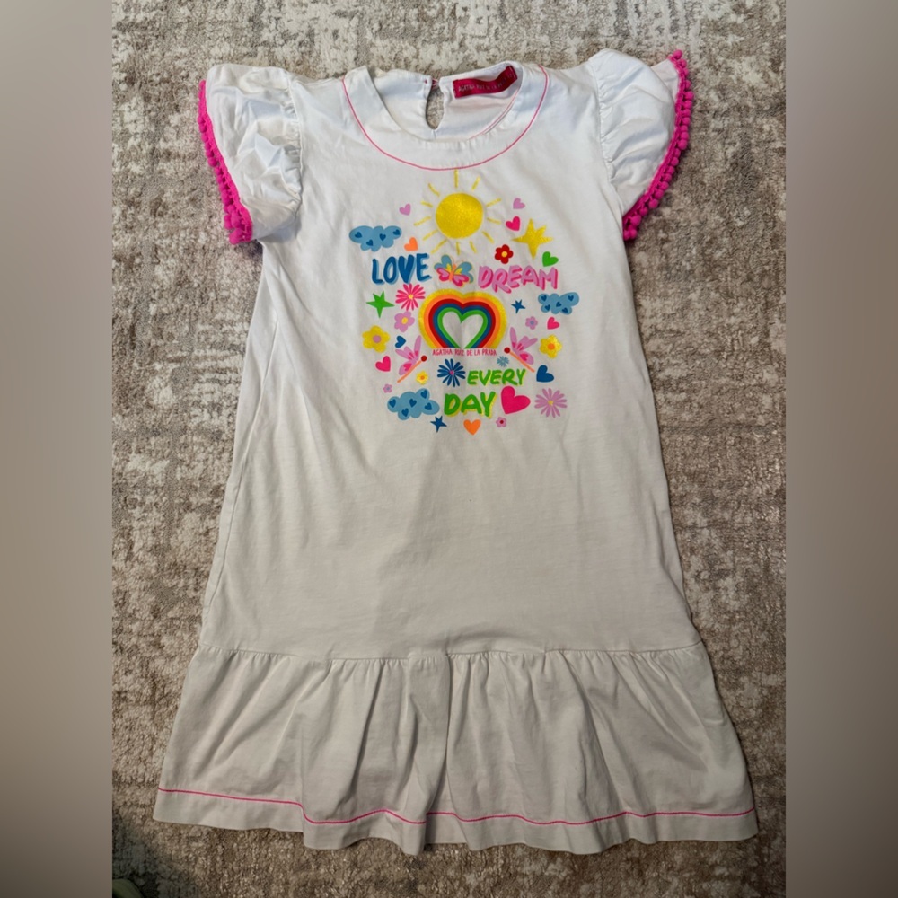 Agatha Ruiz De La Prada White Dress with Colorful Print with Swiss dots size 12